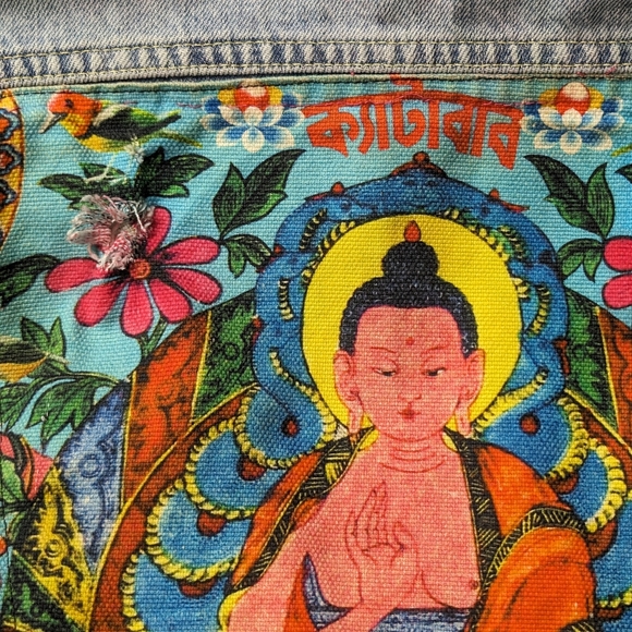 Up cycled French Connection Moto denim jacket, sz S - Picture 3 of 7